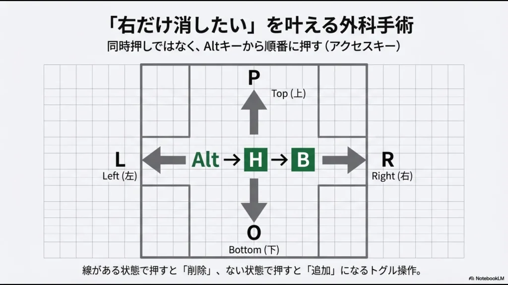 Alt、H、Bの後に、上(P)、下(O)、左(L)、右(R)の各キーを押して特定方向の罫線を操作するアクセスキーの方向ガイド。