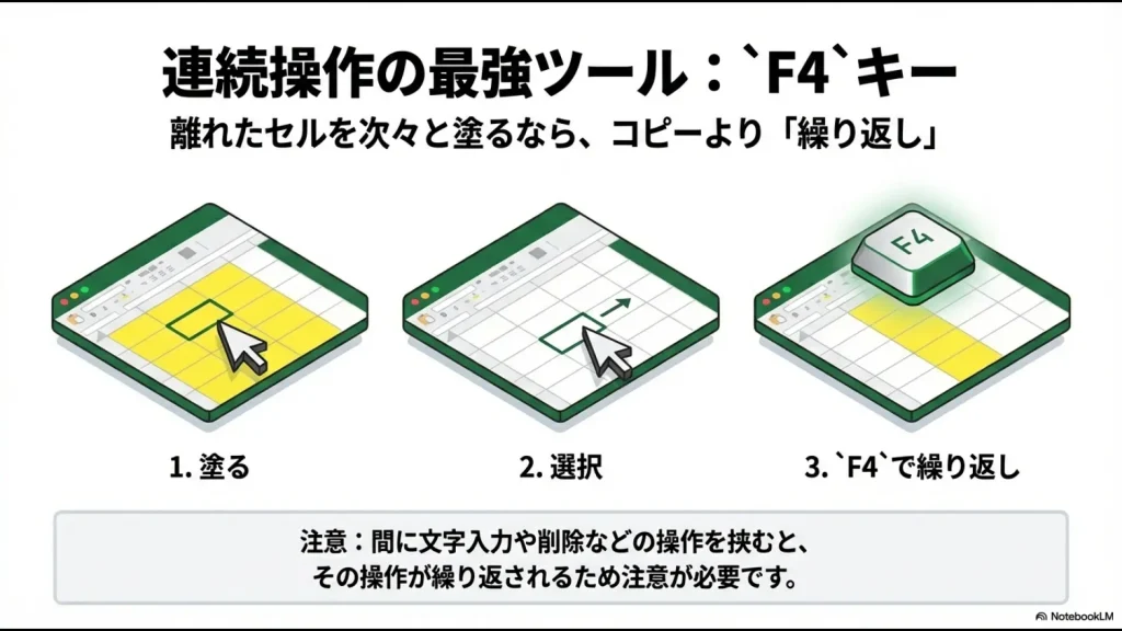 エクセルで色を塗った後にF4キーを使って連続して同じ色を適用する操作手順の図解