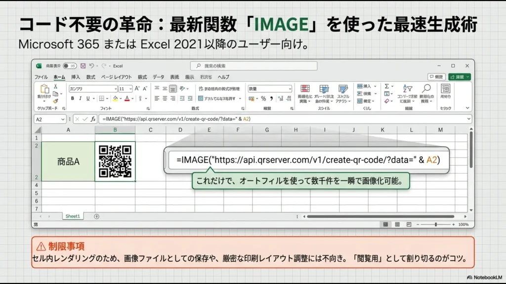 エクセルシート上でIMAGE関数とAPIを組み合わせてQRコードを表示している操作画面