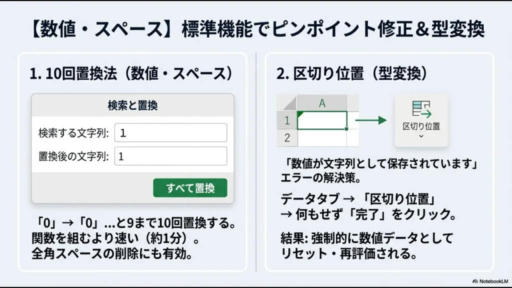 数字の0から9までを順に置換する「10回置換法」と、データタブの「区切り位置」で文字列を数値データに強制リセットする手順のまとめ画像。