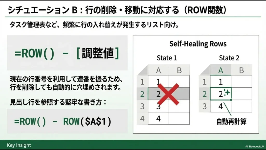 ROW関数を使用することで行を削除しても自動的に再計算され、連番が維持される仕組みの図解