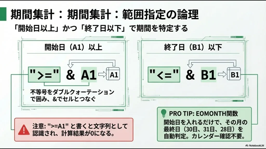不等号をダブルクォーテーションで囲み、アンパサンドでセルとつなぐ期間集計の数式作成ルール
