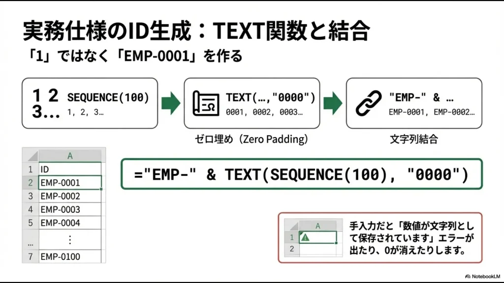 エクセルでEMP-0001のような桁が揃った社員番号や商品IDを自動生成する数式の仕組み