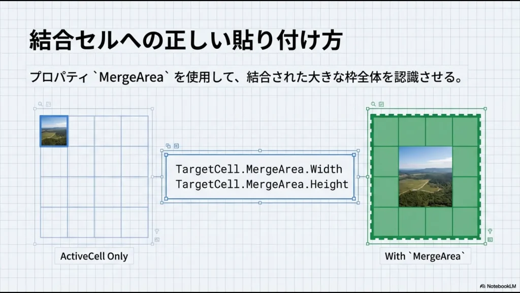 単一セルのみの認識と、MergeAreaプロパティを使用して結合範囲全体を認識した場合の比較図