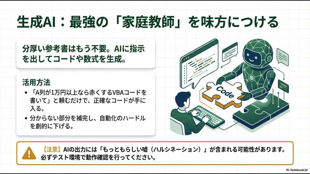 生成AIにVBAコード作成を依頼する具体例と、ハルシネーション（もっともらしい嘘）に対する注意喚起をまとめたイラスト。