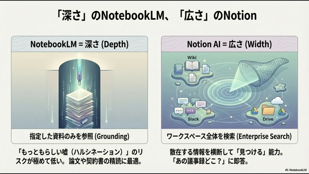 指定資料を精読する「深さ」のNotebookLMと、ワークスペース全体を検索する「広さ」のNotion AIの違いを説明する図。