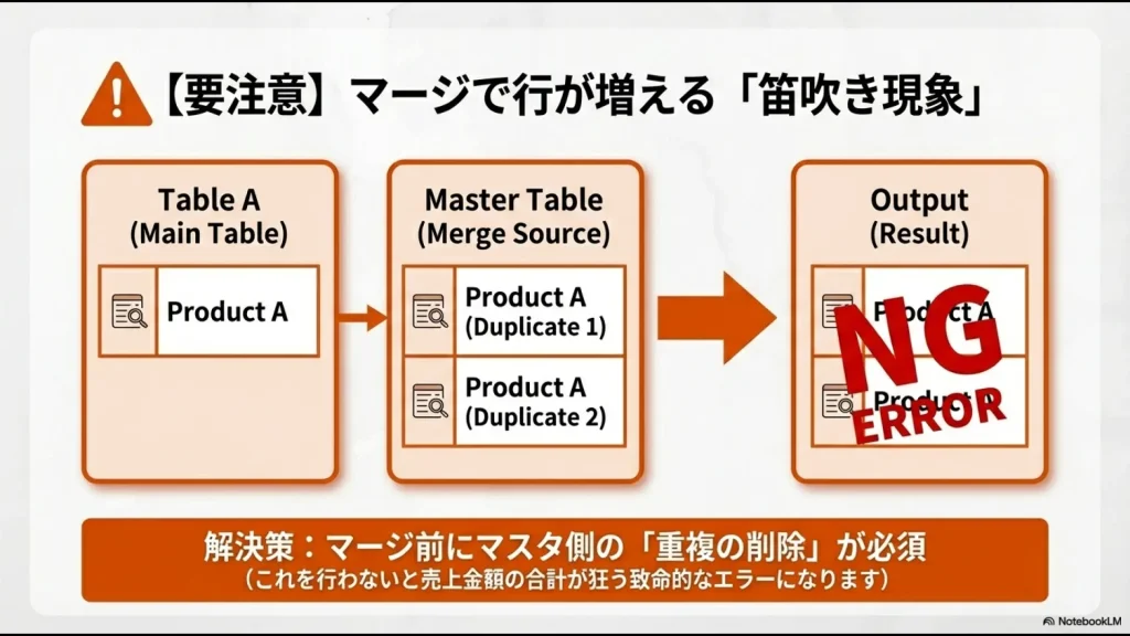 マスタ側に重複データがあると出力結果の行数が増殖してしまうNG例と、解決策としての重複削除の重要性を示すスライド
