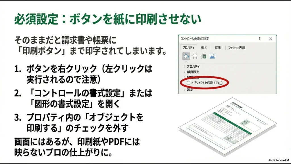 コントロールの書式設定プロパティで「オブジェクトを印刷する」のチェックを外す操作画面の図解。