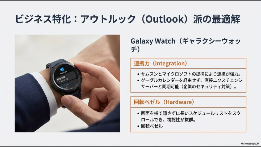 Galaxy WatchでOutlookの予定を表示している様子と回転ベゼルの利点を解説する画像