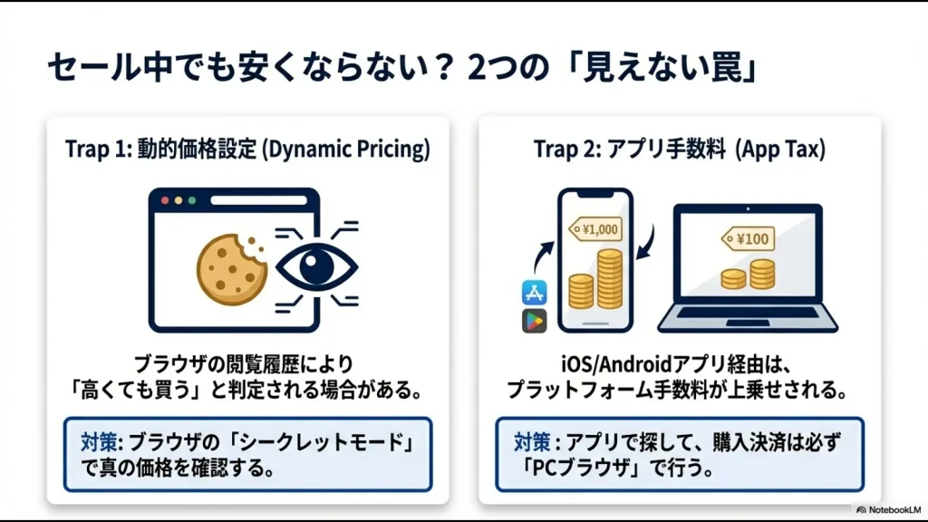 ブラウザ履歴による動的価格設定と、アプリ経由の手数料上乗せについての図解。