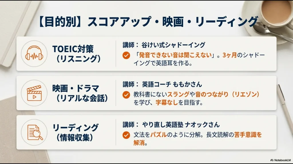 TOEIC対策、映画リスニング、リーディングの各分野で推奨される講師と学習ポイントをまとめたスライド