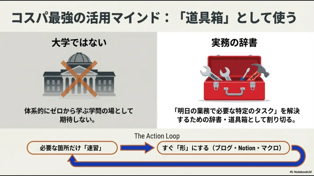 Udemyを大学ではなく実務の辞書・道具箱として割り切り、必要な箇所を速習してすぐ形にするアクションループの図解