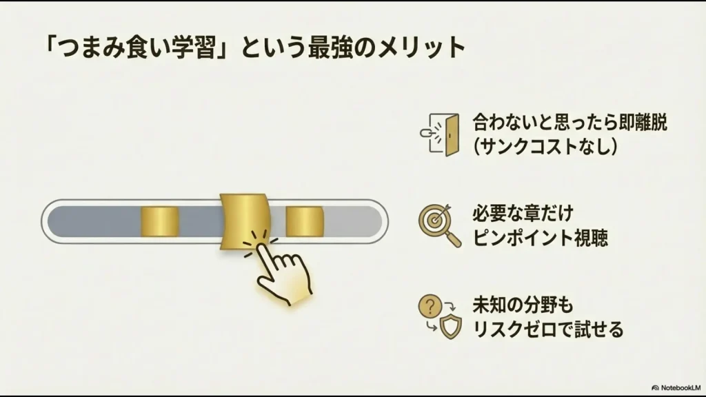 合わない講座は即離脱でき、必要な章だけをリスクゼロでピンポイント視聴できるメリットの図解
