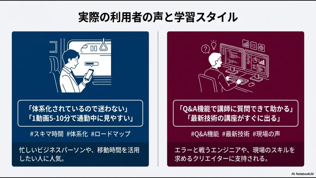 隙間時間活用のグロービス利用者とQ&A機能・最新技術を重視するUdemy利用者の声