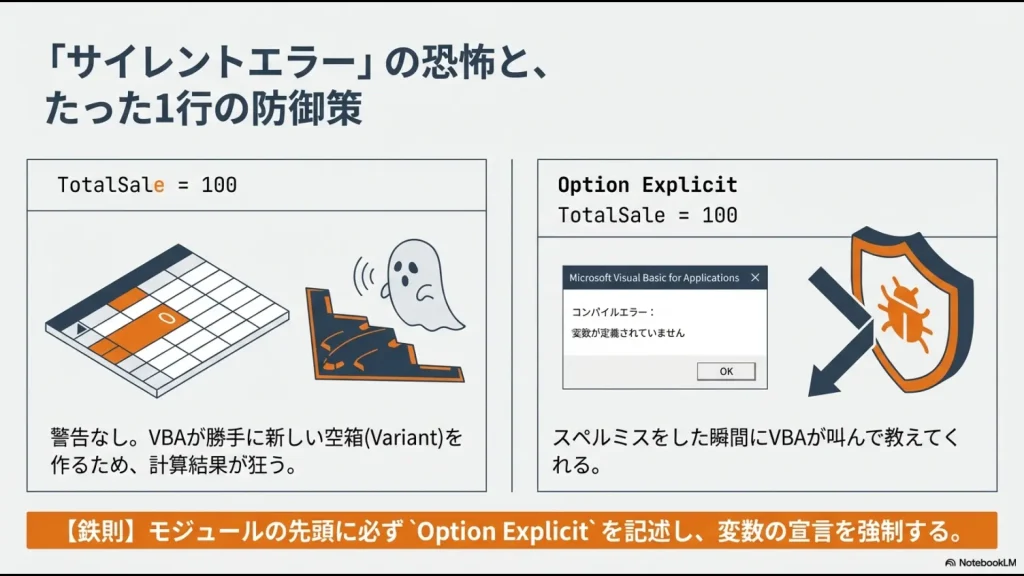 変数宣言を強制するOption Explicitを記述することで、タイポによる計算ミス（サイレントエラー）をコンパイルエラーとして検出する仕組みを説明するスライド。