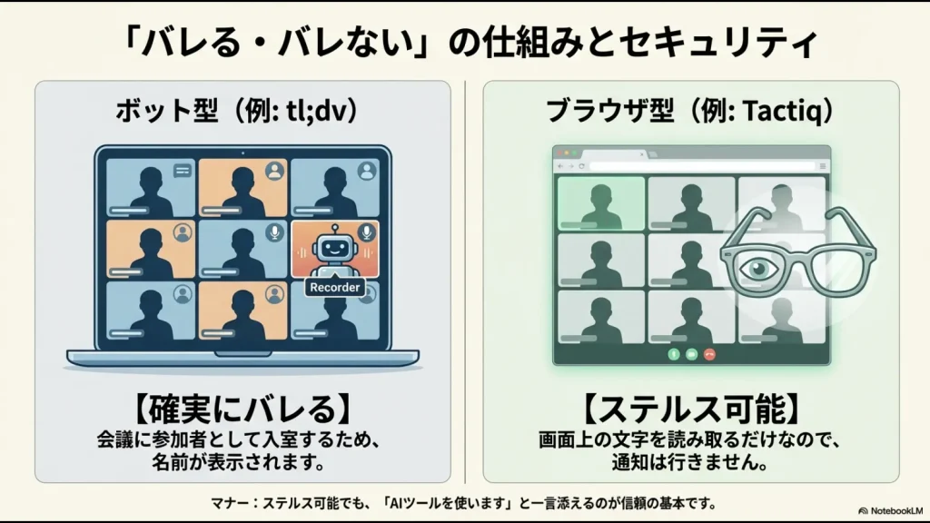 Google Meet議事録ツールのボット型（バレる）とブラウザ型（ステルス可能）の仕組みとマナーに関する解説スライド