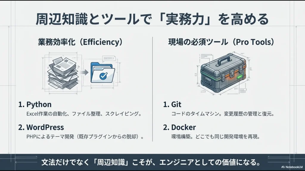 業務効率化のためのPython・WordPressと、現場必須ツールであるGit・Dockerの関係性を示す図