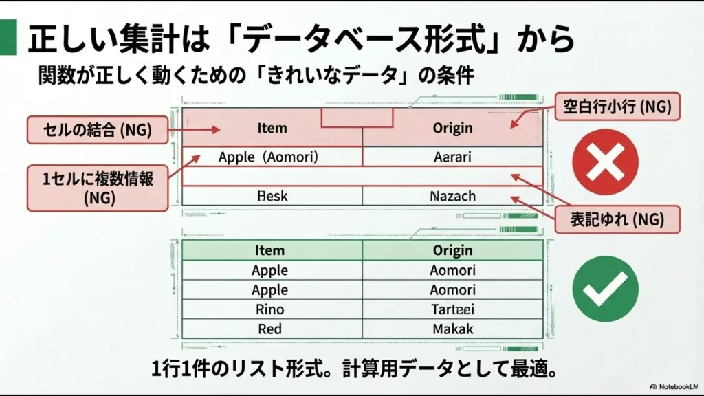 セルの結合や空白行、表記ゆれなどのNG例と、正しい1行1件のリスト形式の比較