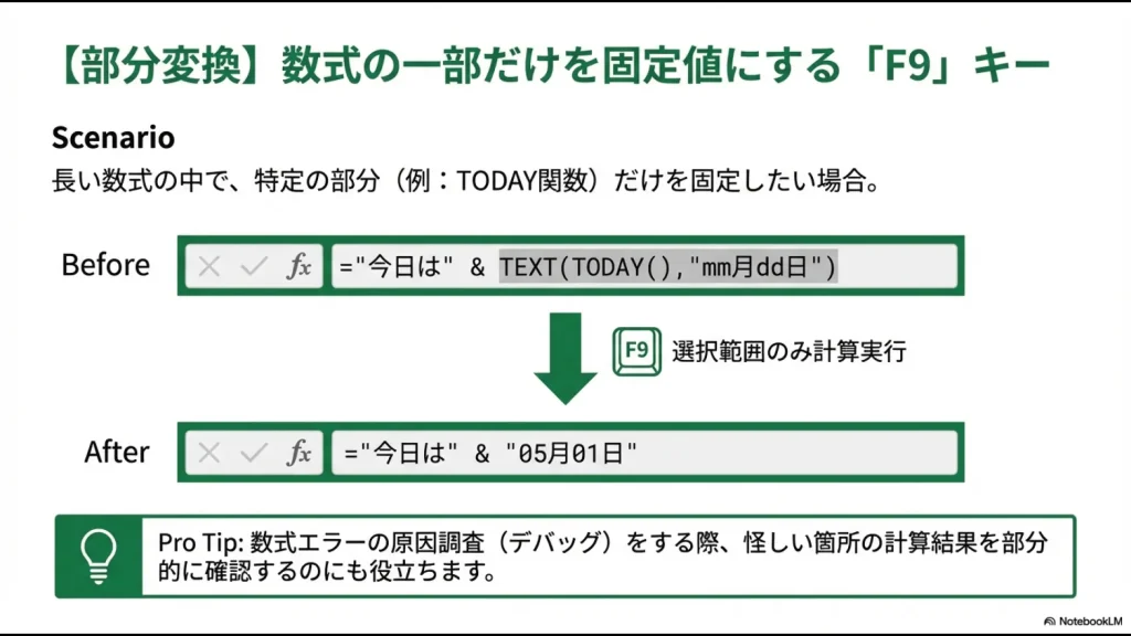 エクセルの数式バー内で特定の関数（TODAY関数など）だけを選択し、F9キーで瞬時に計算結果の値に置き換える