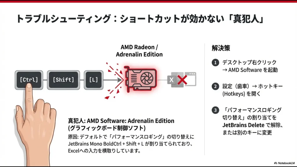 AMD Radeon設定画面でのホットキー解除方法。パフォーマンスロギングの競合を解決する手順。