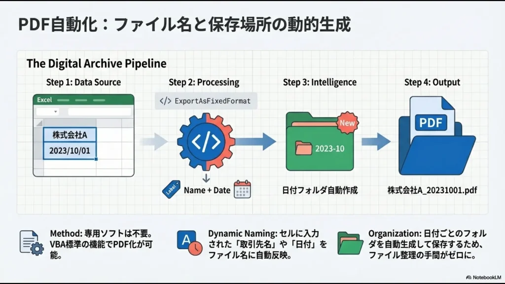 取引先名や日付をファイル名に自動反映させ、日付ごとのフォルダへ仕分け保存するPDF自動化の流れ。