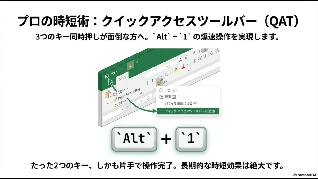 エクセルのクイックアクセスツールバーに書式の貼り付けを追加し、Alt+1で実行するための設定手順図