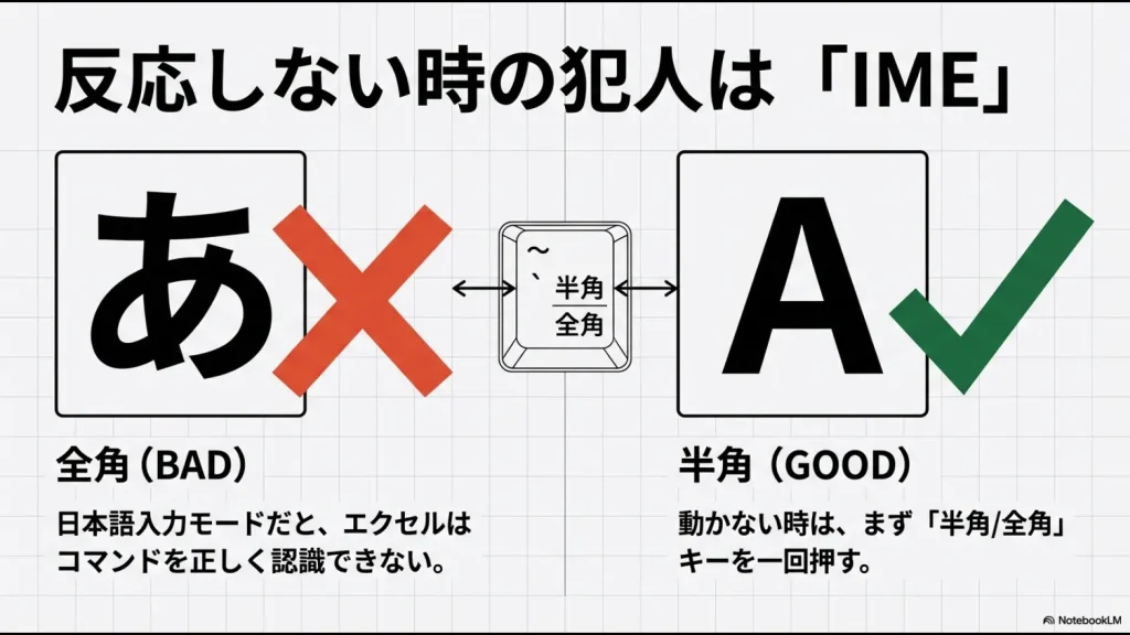 日本語入力の「あ（全角）」モードではショートカットが認識されず、「A（半角）」モードにする必要があることを示す解説図。