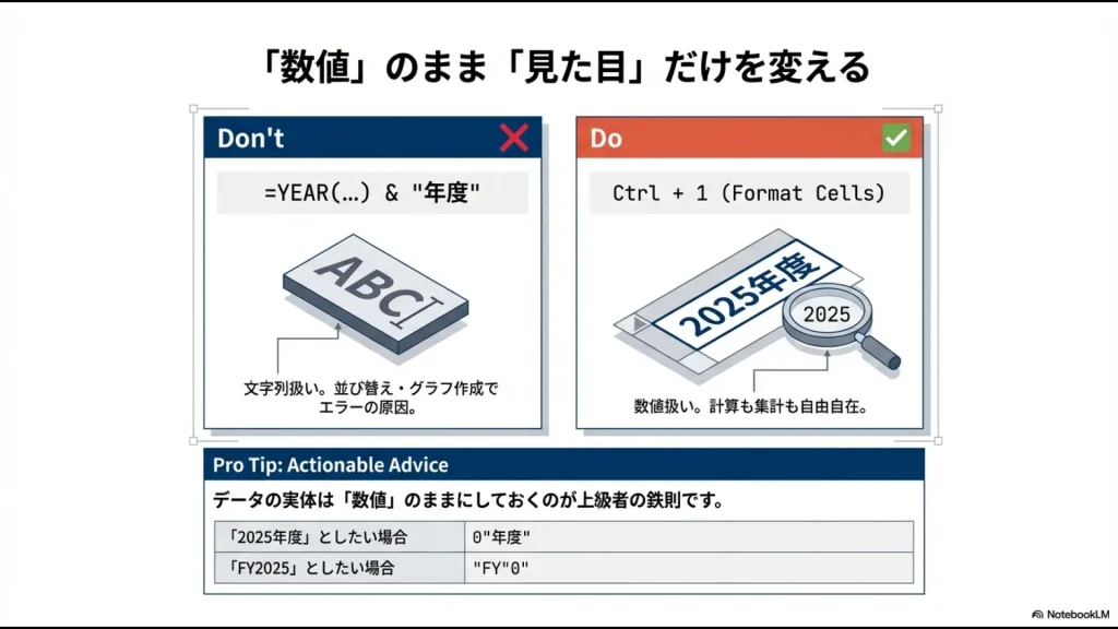 文字列結合ではなくセルの書式設定「ユーザー定義」を使用して年度を表示するDo/Don't比較スライド