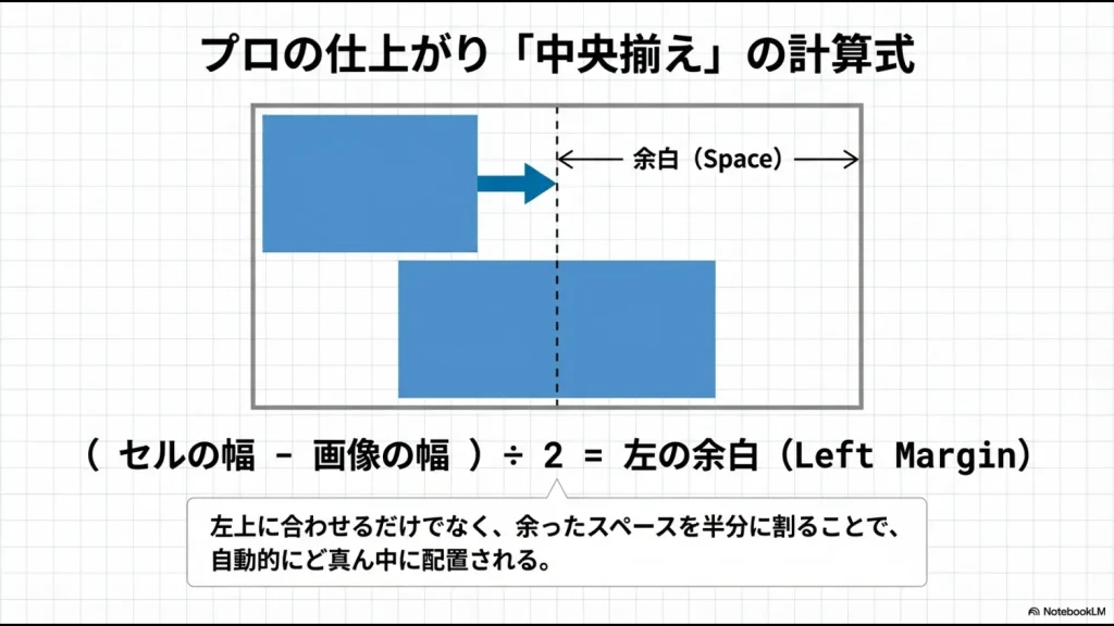 セル幅から画像幅を引き、2で割ることで左右均等な余白（センタリング）を作る計算イメージ