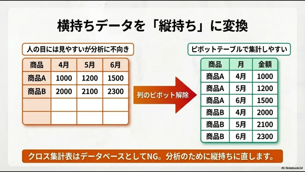 月が横に並んだ人の目に見やすい表を、分析しやすい「商品・月・金額」の縦長なデータベース形式に変換する図解
