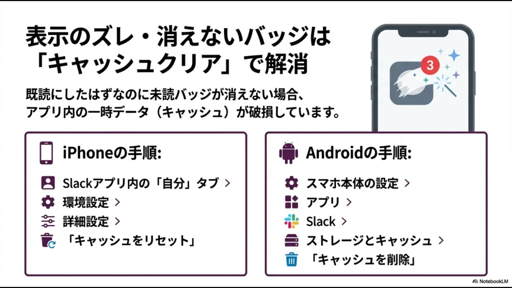 Slackアプリ内の「キャッシュをリセット」およびスマホ本体設定からの「キャッシュを削除」の手順解説
