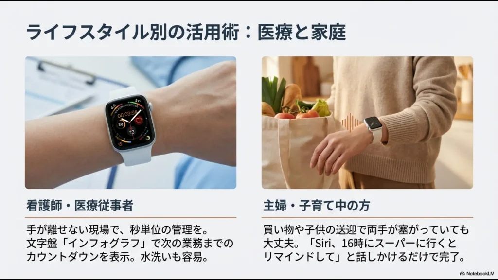 看護師の業務管理や主婦の家事・育児でのスマートウォッチ活用例を示すイラストと説明