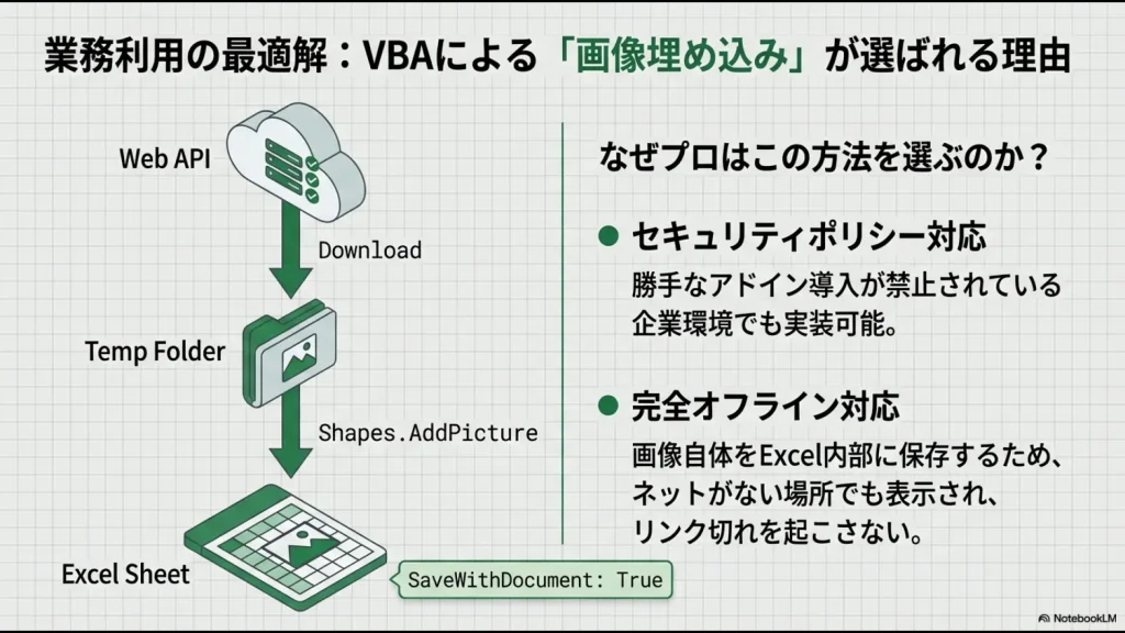 セキュリティポリシー対応と完全オフライン対応（リンク切れ防止）のメリットを示す比較図