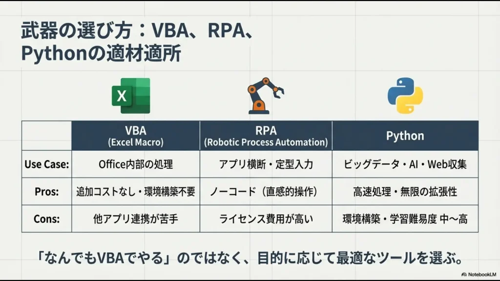 VBA、RPA、Pythonの3つのツールについて、ユースケース、メリット、デメリットを一覧で比較し、目的に応じた選び方を提示するスライド。