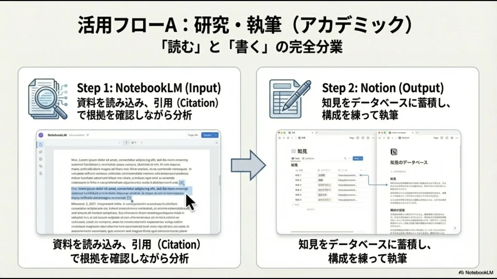 NotebookLMで資料を分析・引用し、Notionのデータベースに蓄積して執筆するアカデミックな活用フローの図解。