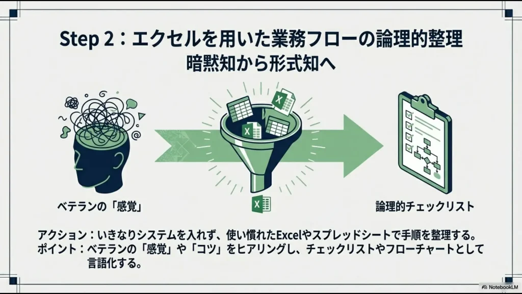 ベテランの頭の中にある暗黙知（感覚やコツ）を、エクセル等で論理的なチェックリストやフローチャートへ変換するイメージ図。