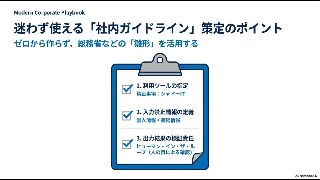 利用ツールの指定、入力禁止情報の定義、出力結果の検証責任（ヒューマン・イン・ザ・ループ）のチェックリスト