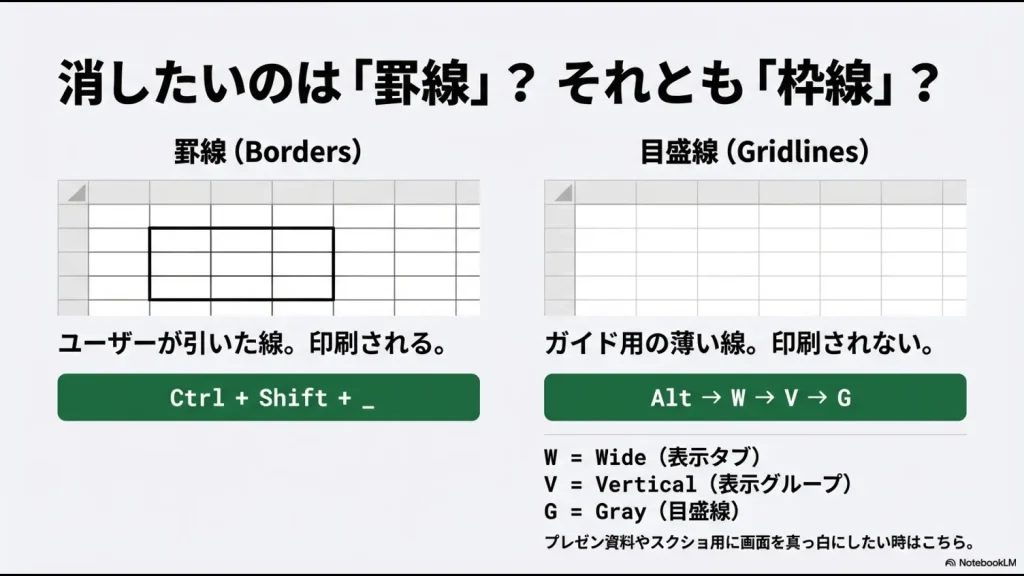 ユーザーが引く罫線（Borders）とガイド用の目盛線（Gridlines）の視覚的な違いと、目盛線を消すAlt+W+V+Gの解説。