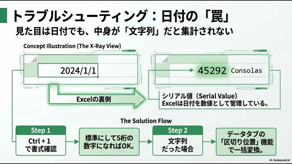 見た目の日付とエクセル内部の数値（シリアル値）の違い、および「区切り位置」機能による変換フロー