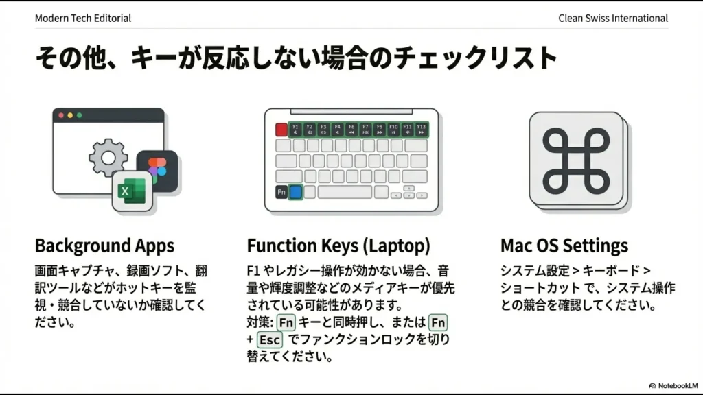 キーボードが反応しない場合のチェックリスト。常駐アプリやFnキー、Macのシステム設定を確認。