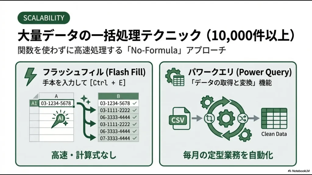 フラッシュフィルによる高速処理と、パワークエリを使用して毎月の定型業務を自動化する方法を比較・解説するスライド