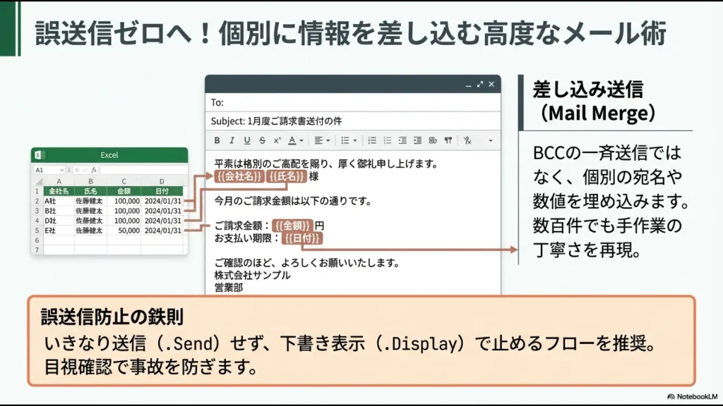 エクセル上の会社名、氏名、金額データを、メール本文の変数（波括弧の部分）に自動で当てはめて、個別の請求メールを生成するイメージ図