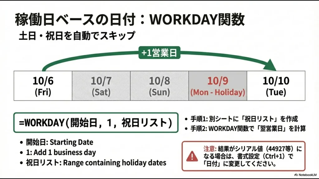 エクセルで土日や祝日を除外した営業日ベースのスケジュール表を作成するWORKDAY関数の設定手順