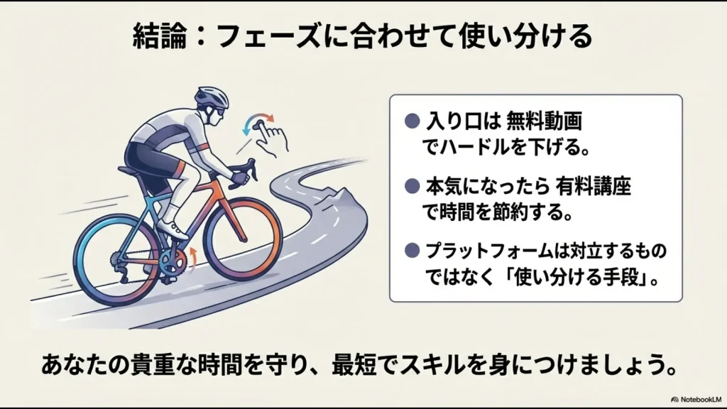 結論としてプラットフォームを対立させずフェーズに合わせて使い分ける学習戦略のまとめ