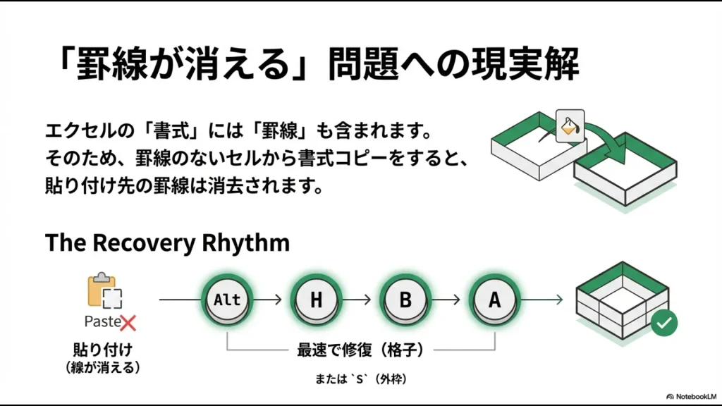 エクセルで書式貼り付け後に罫線が消える問題に対し、Alt+H+B+Aで格子罫線を即座に引く解決策の図解
