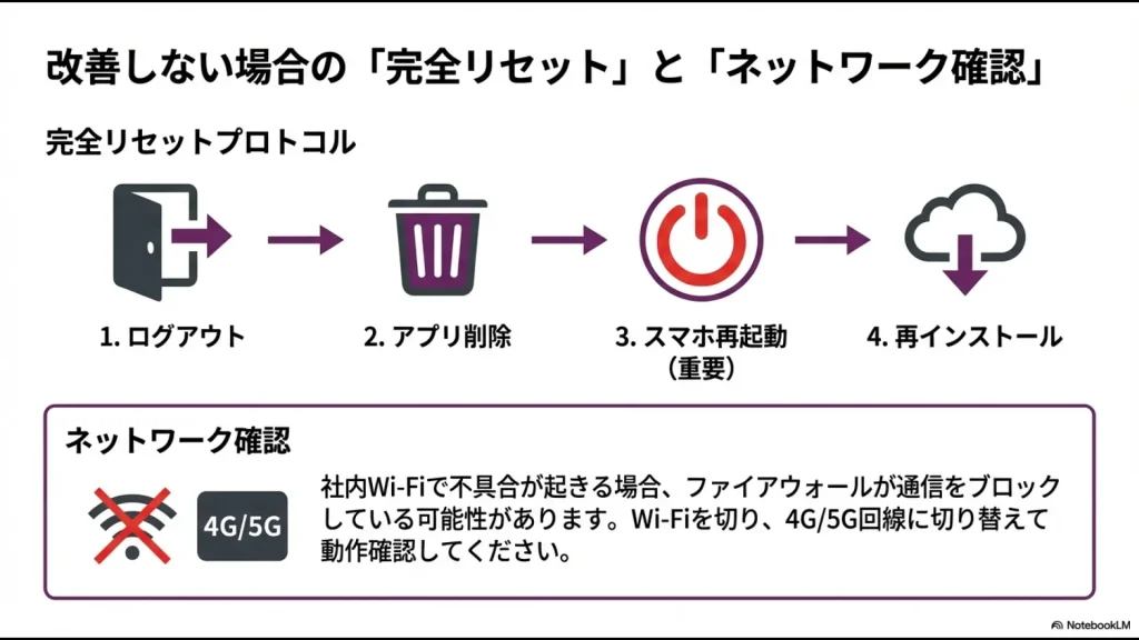 ログアウト、アプリ削除、再起動、再インストールの4ステップと、4G/5G回線への切り替えによる動作確認