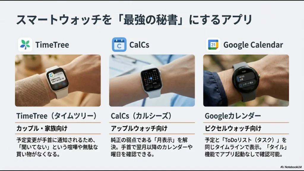 TimeTree、CalCs、Googleカレンダーの各アプリの特徴と適したユーザーをまとめた図解