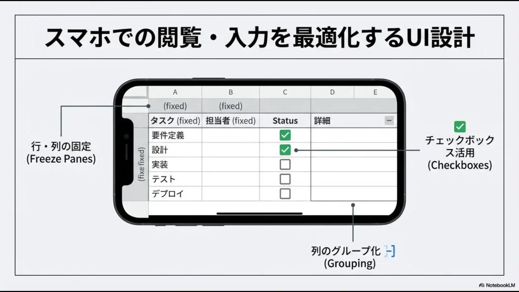 スプレッドシートのスマホ表示を改善するための「行・列の固定」「チェックボックスの活用」「列のグループ化」の例