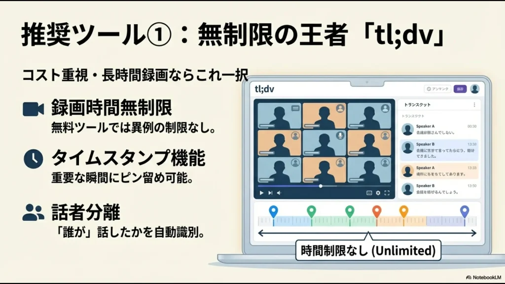 時間制限なしで録画でき、タイムスタンプや話者分離機能を備えたAIツールtl;dvの管理画面イメージスライド