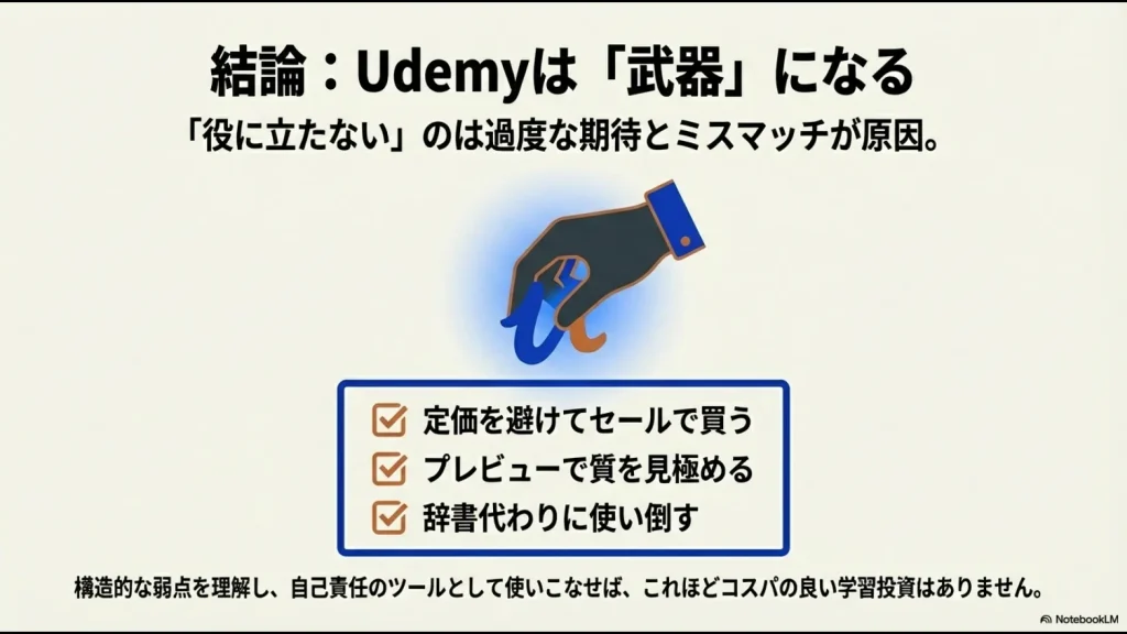 セール活用とプレビュー見極め、辞書代わりの使い倒しによって、Udemyをコスパ最高の投資に変える結論まとめ